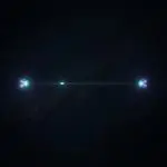 Two small glowing blue orb-like nodes connected by a thin horizontal beam of light against a dark starfield.