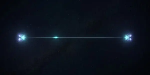 Two small glowing blue orb-like nodes connected by a thin horizontal beam of light against a dark starfield.