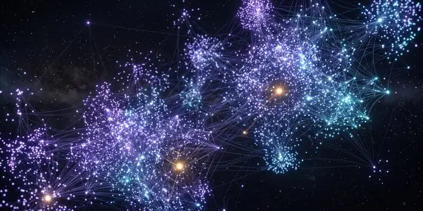 Clusters of glowing violet and cyan nodes joined by fine lines against a starry black background