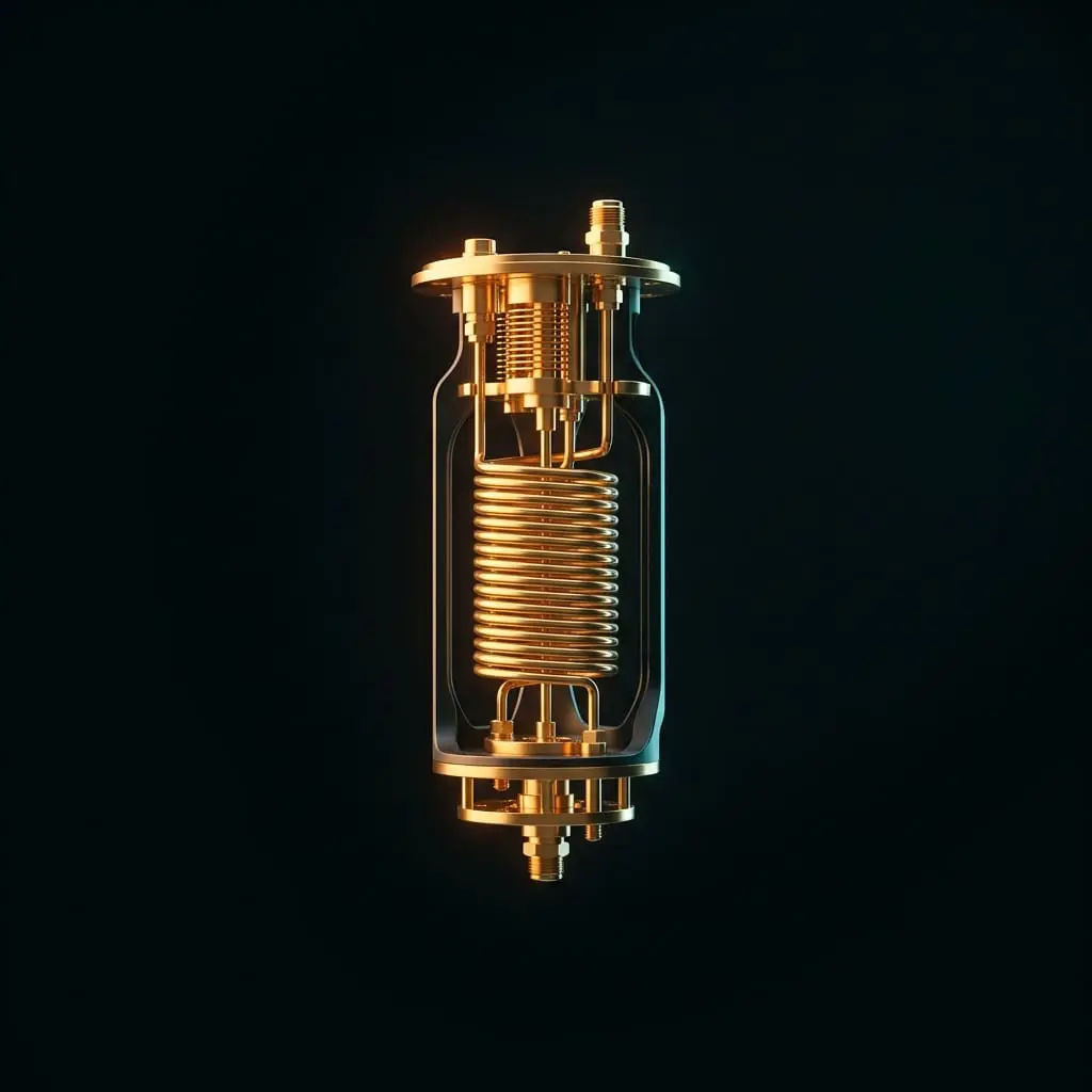 Gold dilution-refrigerator coil on dark background