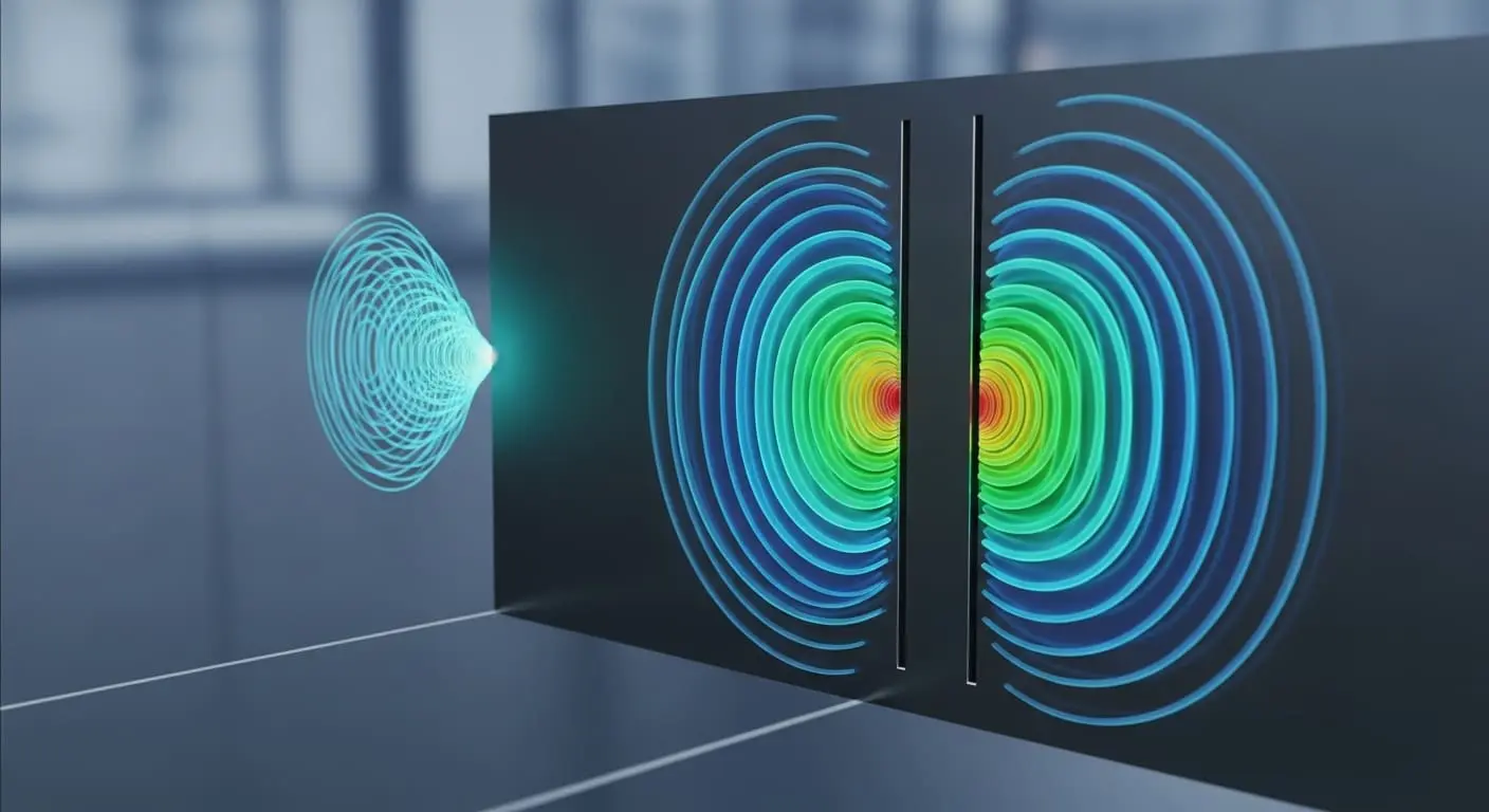 A glowing particle passes through two slits producing colored interference rings
