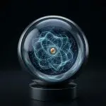 A spherical glass device on a metal pedestal enclosing a glowing blue web-like atomic structure with a golden core.