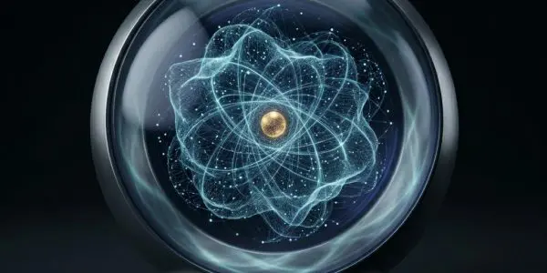 A spherical glass device on a metal pedestal enclosing a glowing blue web-like atomic structure with a golden core.