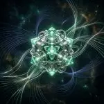 Faceted green machine surrounded by glowing field lines