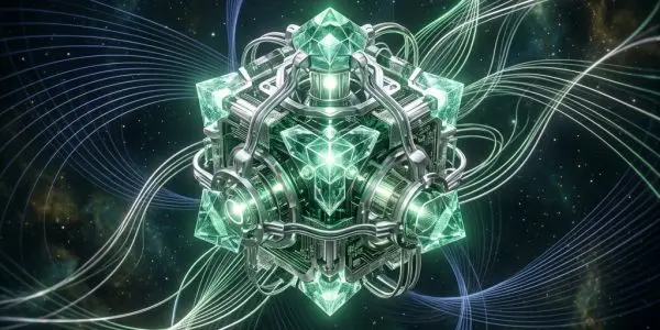 Faceted green machine surrounded by glowing field lines