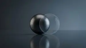 Two spheres, a dark grey one and a transparent bubble, rest on a reflective grey surface in a dark studio setting.