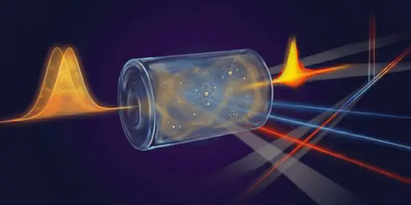 A cylindrical container filled with glowing atoms is emitting beams of light against a dark purple background.
