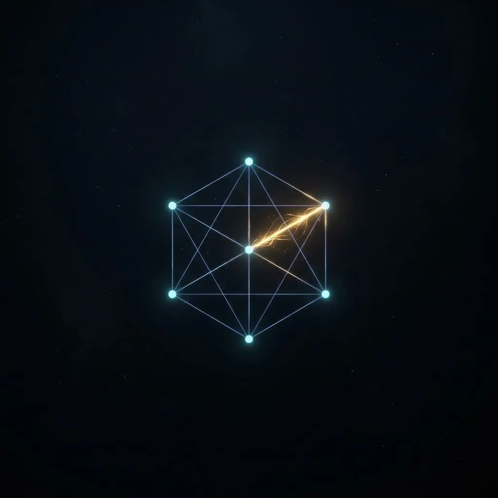 A geometric arrangement of glowing blue nodes connected by lines, with a bright orange energy filament crossing one segment, set against a dark starfield.