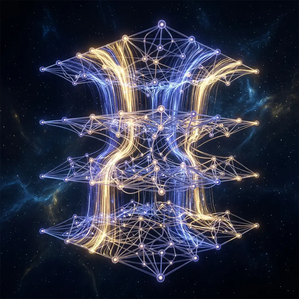 Multi-layer tensor-network lattice rendered against a nebula