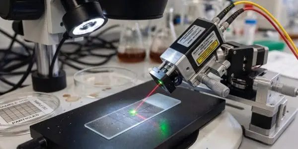 A laser positioning rig aimed at a microscope slide