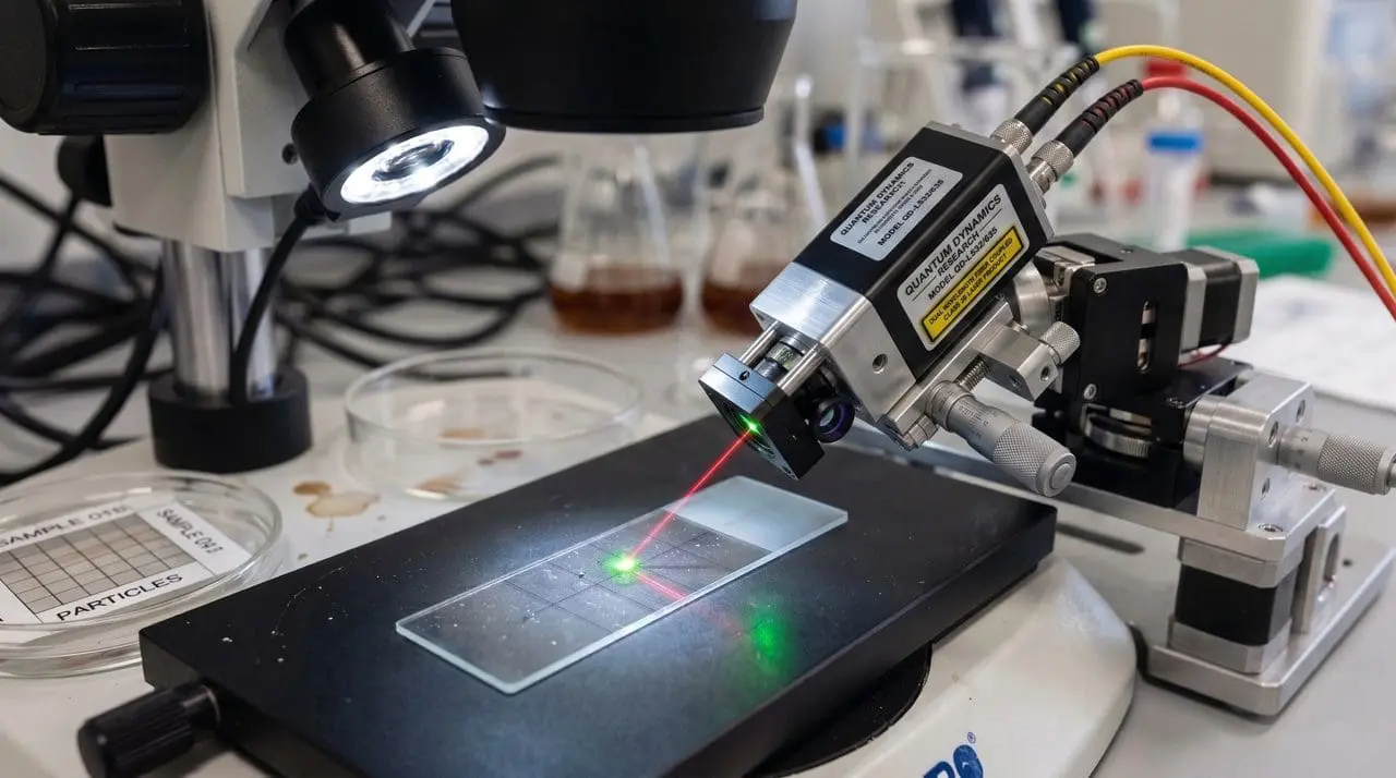 A laser positioning rig aimed at a microscope slide