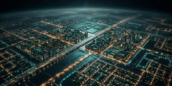 A circuit board lit like a city seen from the air