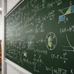 A green lecture-hall blackboard covered in mathematics