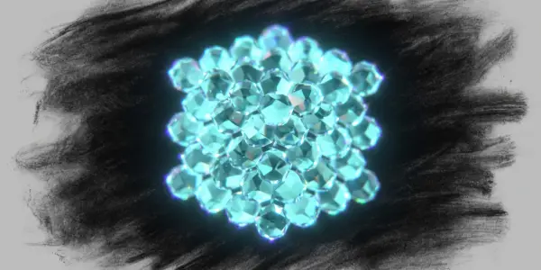 A cluster of faceted teal gems glows against a dark, textured background, creating a striking and mysterious composition.