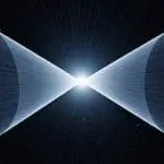 Two luminous cones meeting tip-to-tip at a bright flare against a starfield