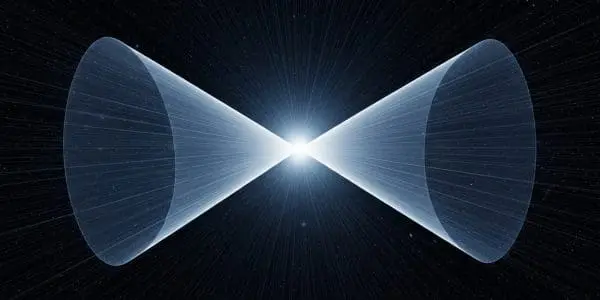 Two luminous cones meeting tip-to-tip at a bright flare against a starfield