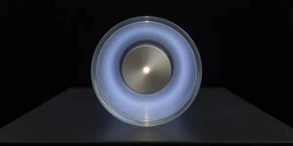 A circular device glows with blue light on a dark surface, suggesting advanced technology and precision engineering.