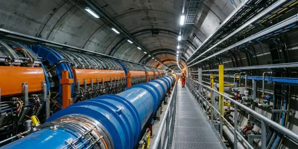 A long, blue cylindrical structure dominates a concrete tunnel, illuminated by bright overhead lights and accented with orange and silver