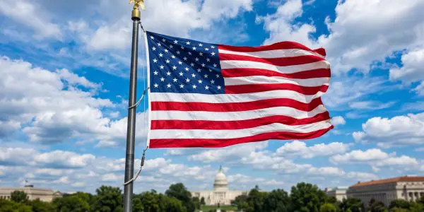 The waving American flag stands proudly against a bright blue sky filled with fluffy white clouds in Washington D.C.
