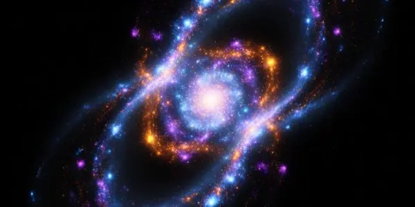 Glowing visible matter cluster intertwined with faint invisible dark halo structure, asymmetry between two sides subtly visible