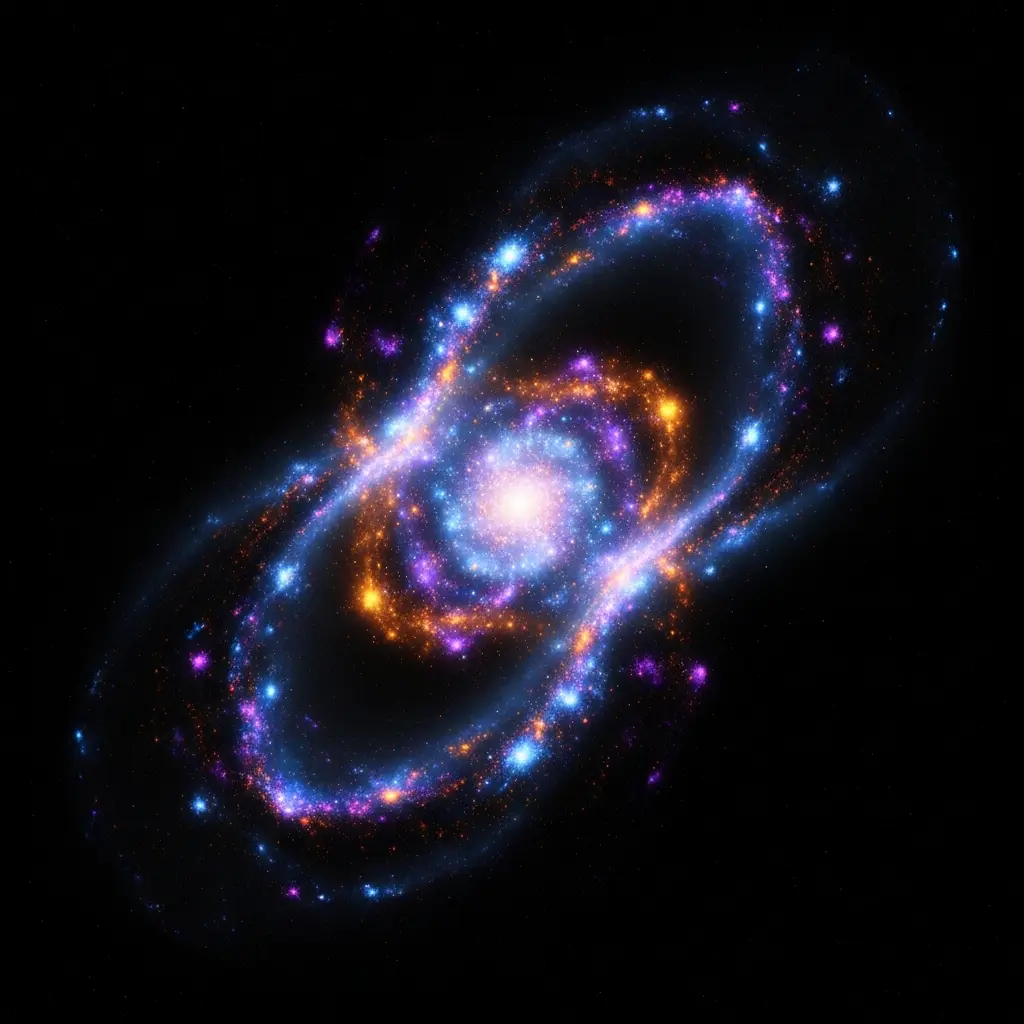 Glowing visible matter cluster intertwined with faint invisible dark halo structure, asymmetry between two sides subtly visible