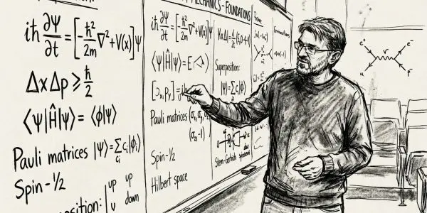 Illustration of Vlatko Vedral, Oxford quantum physicist, writing quantum mechanics equations on a blackboard