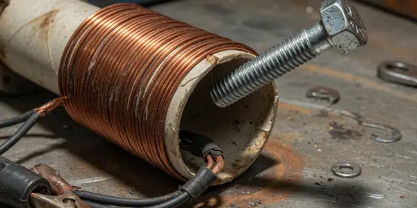 A homemade electromagnet lies on a metal workbench, with a bolt inserted into its core, bathed in warm, directional light.