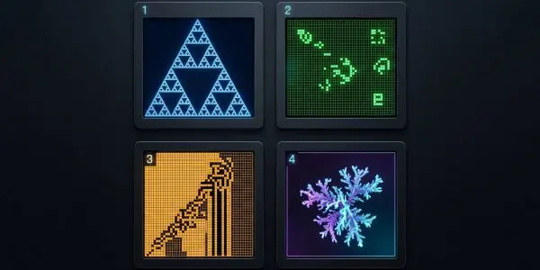 Four cellular-automata patterns on pixel grids