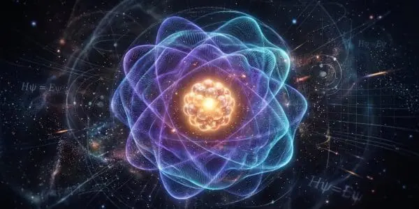 An atom drawn as overlapping electron orbitals