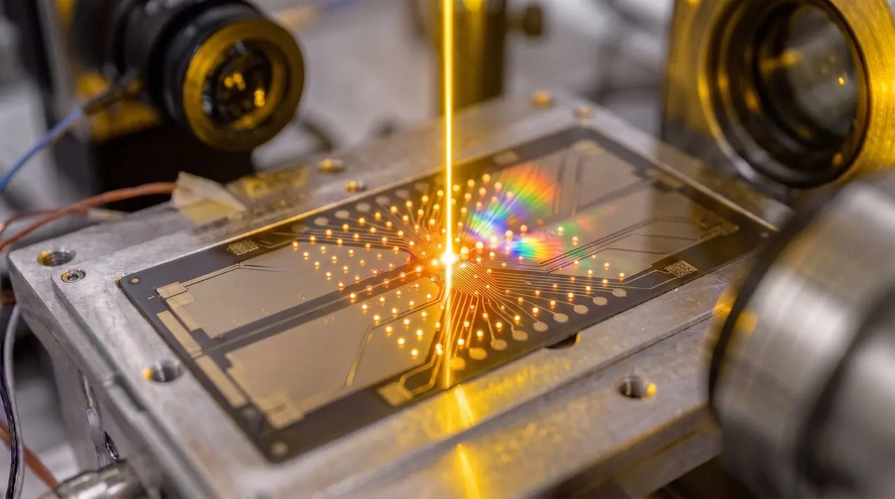 An amber beam on an ion trap splitting into diffracted colours