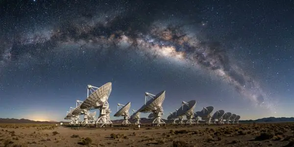A wide-angle night view reveals numerous radio telescopes against a vibrant, star-filled sky, with earthy tones below