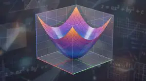A three-dimensional representation of a paraboloid function is shown within a glass cube, set against a blurred mathematical background.