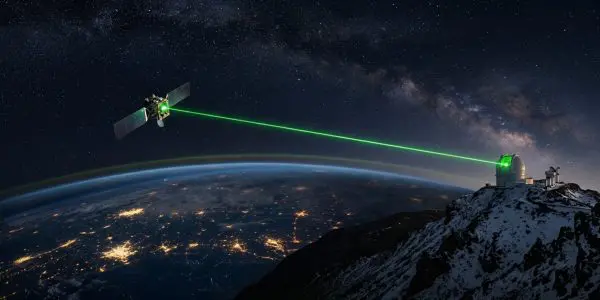 A satellite sending a green laser beam down to a mountain-top ground station at night, the method used for satellite quantum key distribution