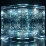 A glass cube filled with luminous data traces