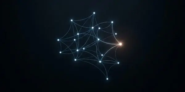 Glowing neural graph of linked nodes in dark space