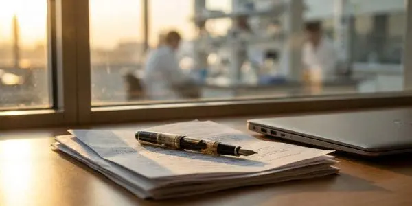 A signed term sheet and fountain pen on a desk beside a laptop