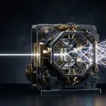 Single white beam entering a geared metal box with a crystal core and leaving as scattered rays