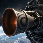 A spacecraft engine nozzle glows orange against the backdrop of Earth and starry space, dominated by dark metallic tones.