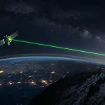 A satellite in orbit sending a green laser downlink to an observatory on a mountain ridge