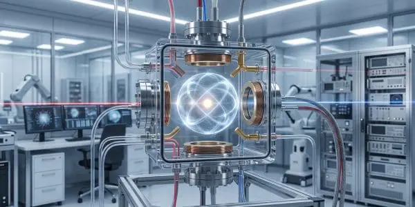 A single atom glowing inside a glass vacuum cell on an optical bench