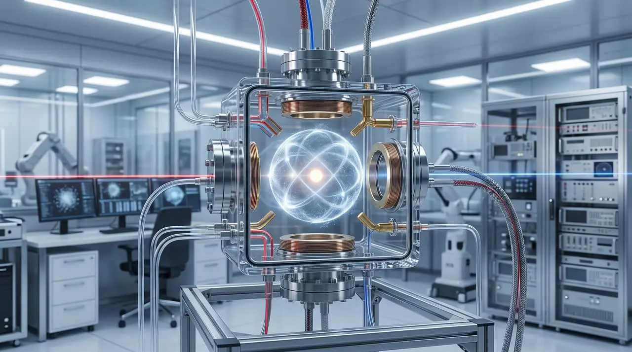 A single atom glowing inside a glass vacuum cell on an optical bench