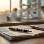 A signed term sheet and fountain pen on a desk beside a laptop