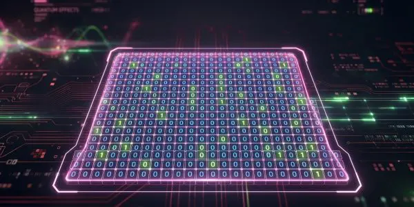 A grid of binary cells framed as a logical qubit patch