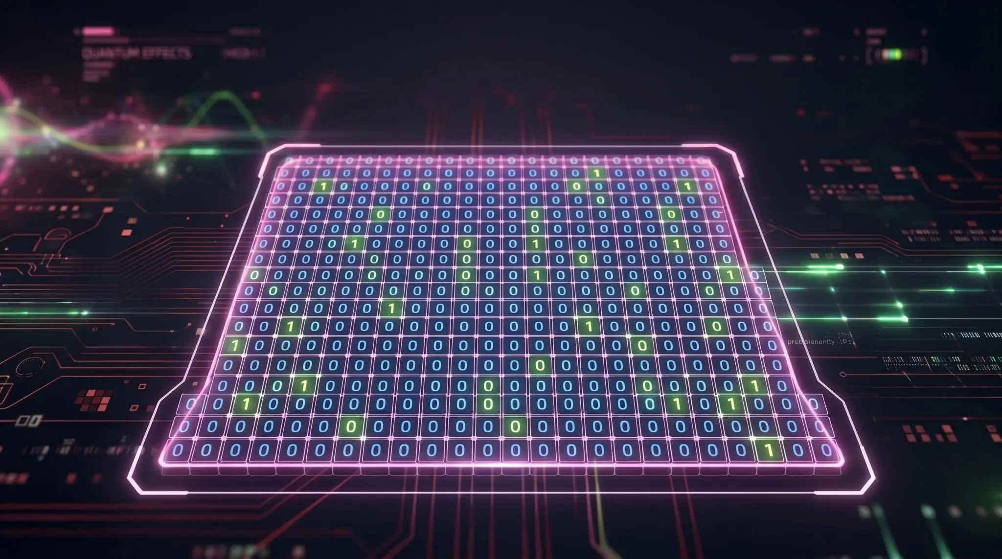 A grid of binary cells framed as a logical qubit patch