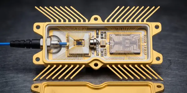 A gold hermetic package containing two photonic dies
