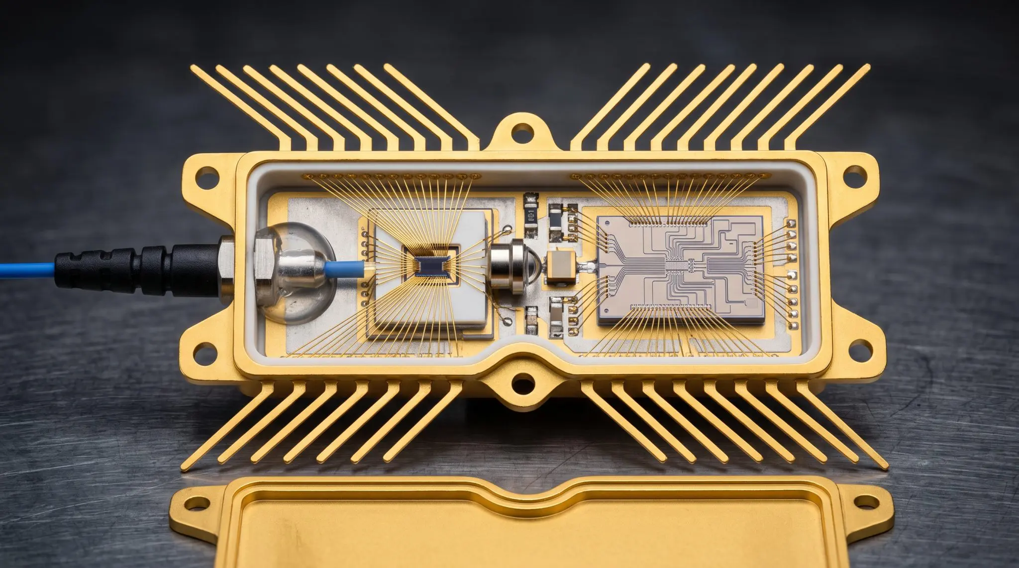 A gold hermetic package containing two photonic dies