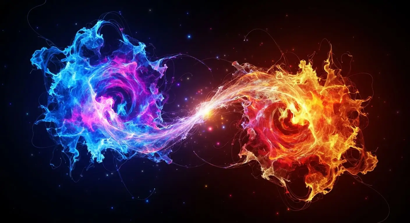 Cold blue and hot orange plasma swirls connected by a thread of light in space