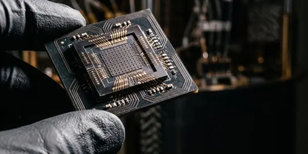Gloved fingers holding a dark chip with a gridded core and gold wire bonds
