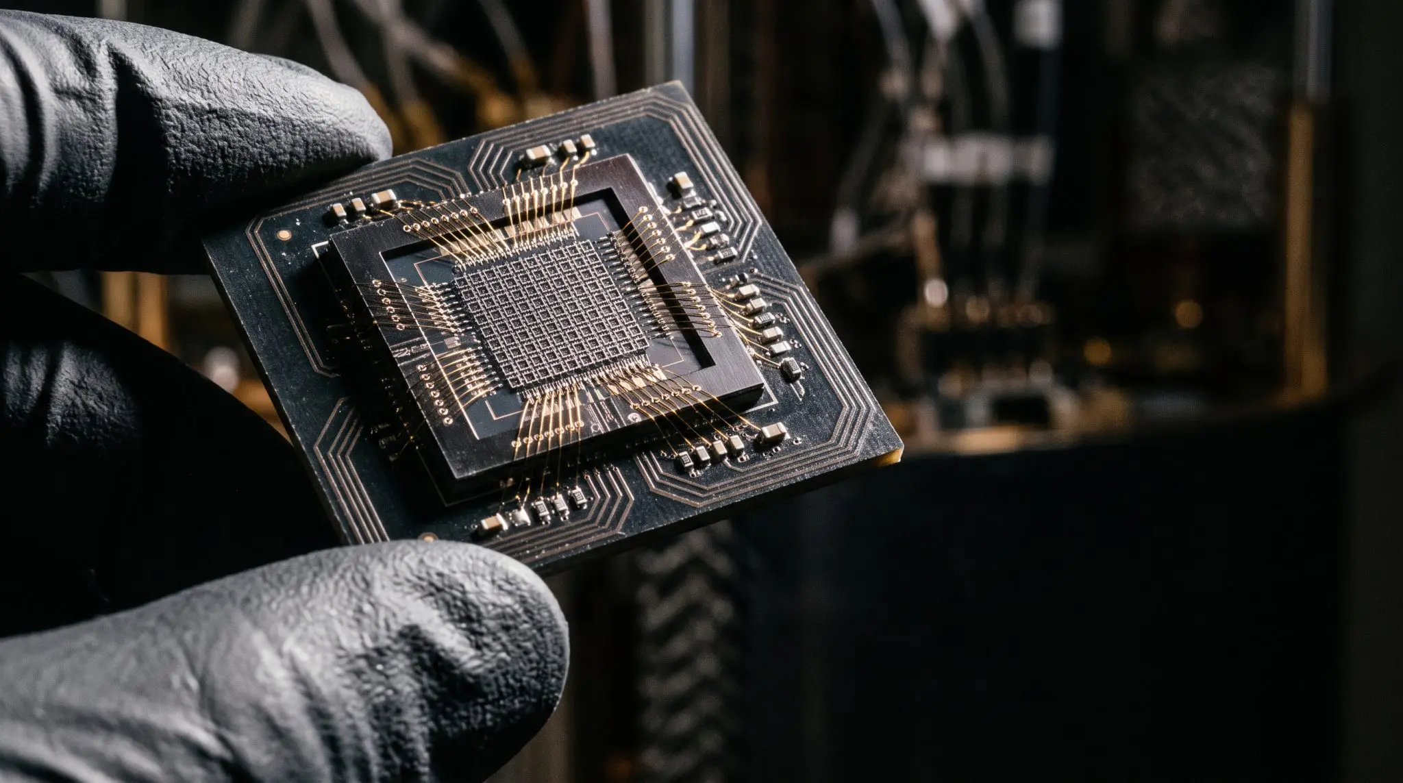Gloved fingers holding a dark chip with a gridded core and gold wire bonds