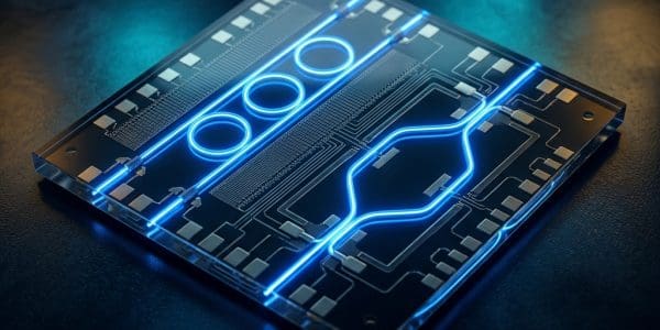 Silicon photonics die with light routed across waveguides